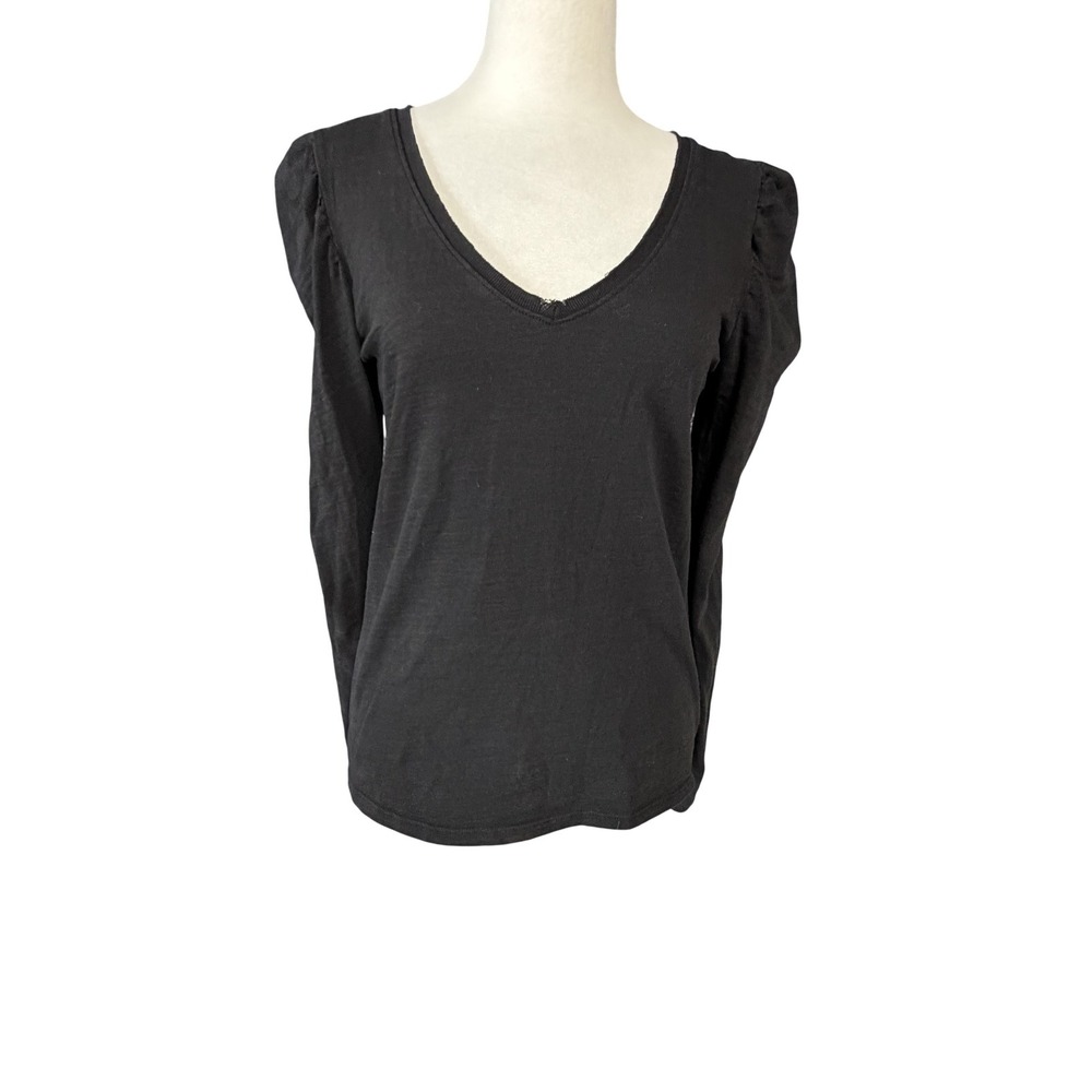 Nation LTD Shirt Womens Small Black V Neck Puff Long Sleeve Jersey Cotton Top